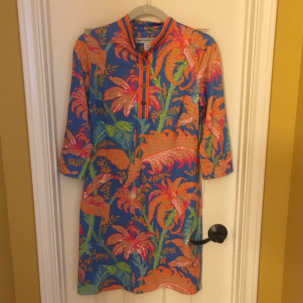 Gretchen Scott Designs Blue Tropical Print Midi Dress with Orange & Green